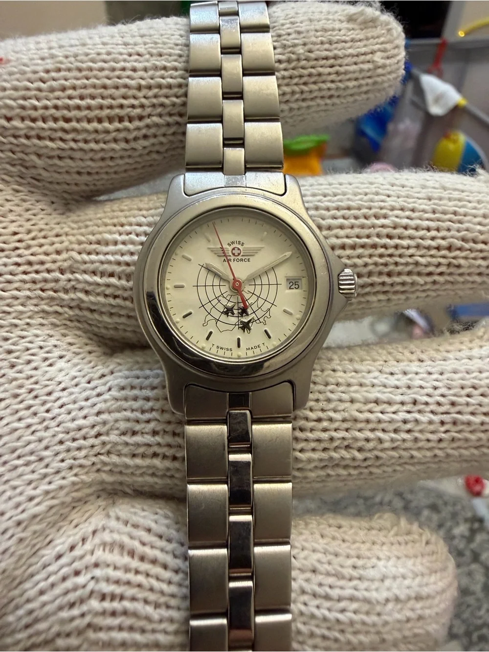 Vintage Swiss Air Force Ladies Pilot Watch Fighter Jets Radar Dial Quartz Steel